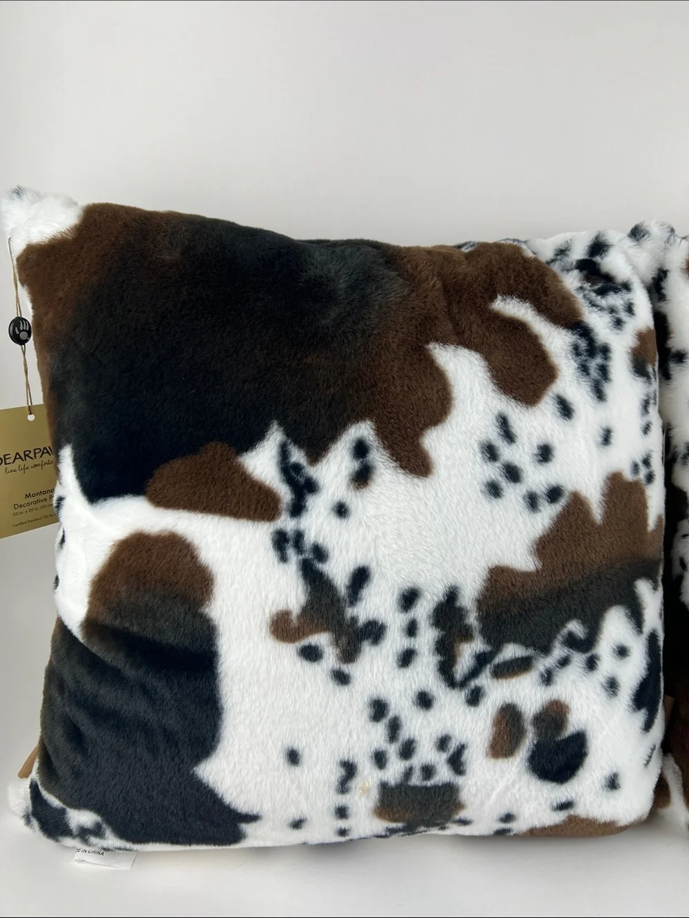 Bearpaw Cow Print Faux Fur Throw Pillows Brown Black White Set of 2 NEW